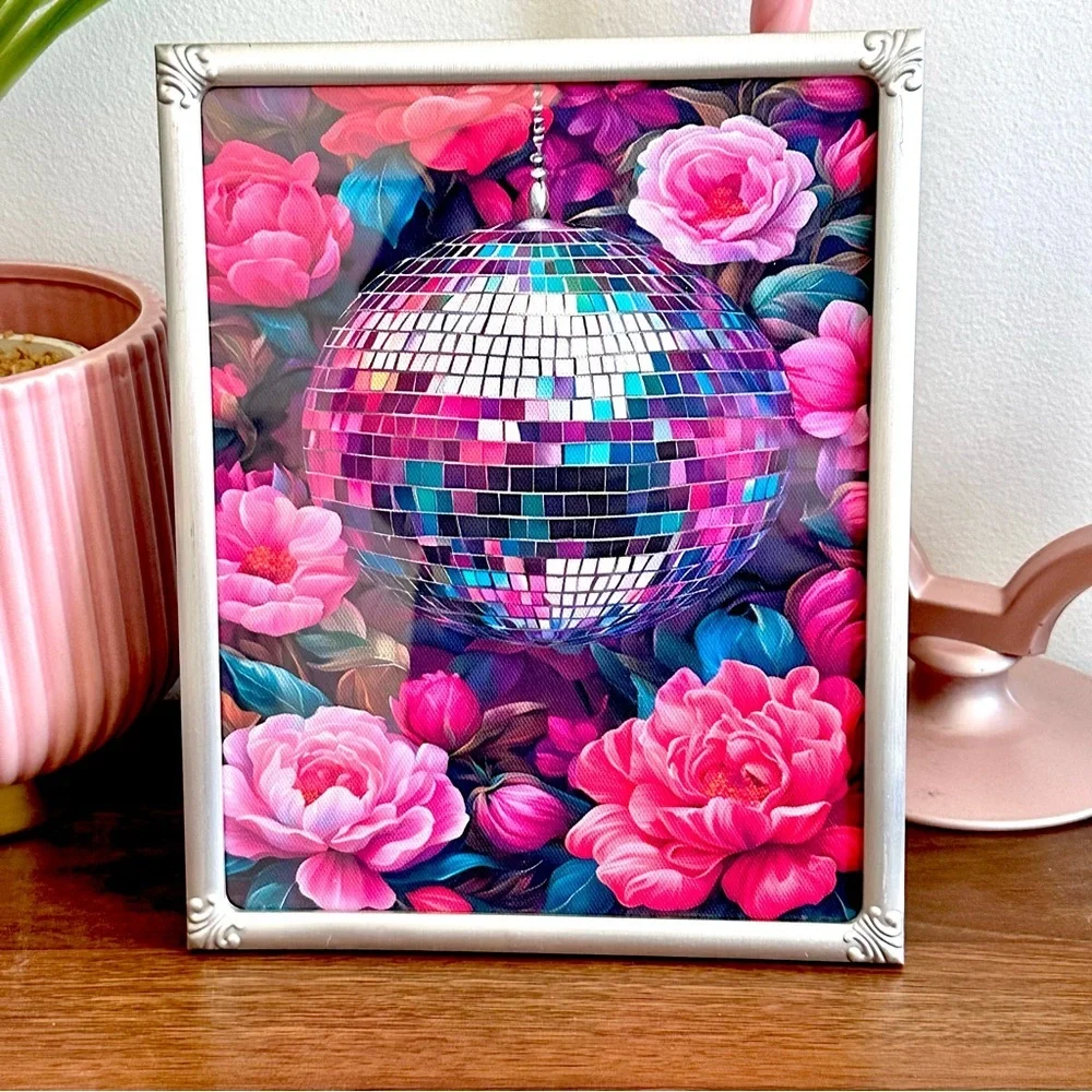 Pink Floral Disco Ball Mirror Ball Moody Canvas Art Print Silver Framed Wall Art